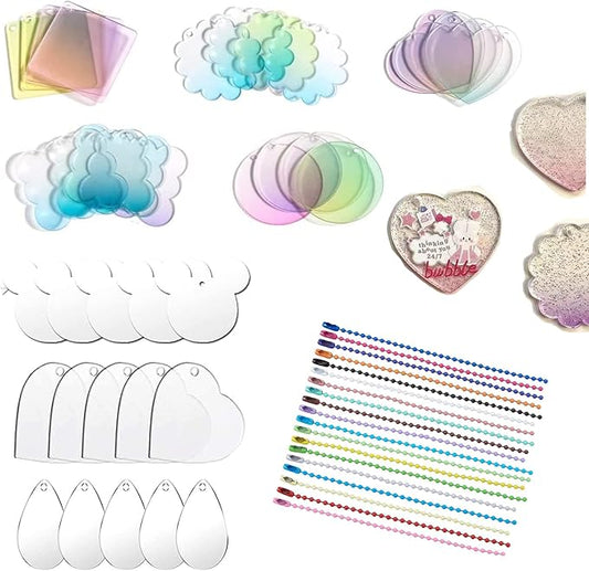 60 Pcs Acrylic Blanks with Keychain Accessories – 10 Shapes Clear Acrylic Ornaments, Charms & Key Rings for DIY Vinyl, Resin, Crafts & Engraving