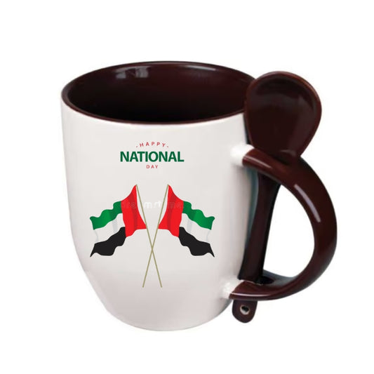 Two-Tone Ceramic Mug with Spoon – 11 oz Coffee & Tea Cup - Customized UAE National Day