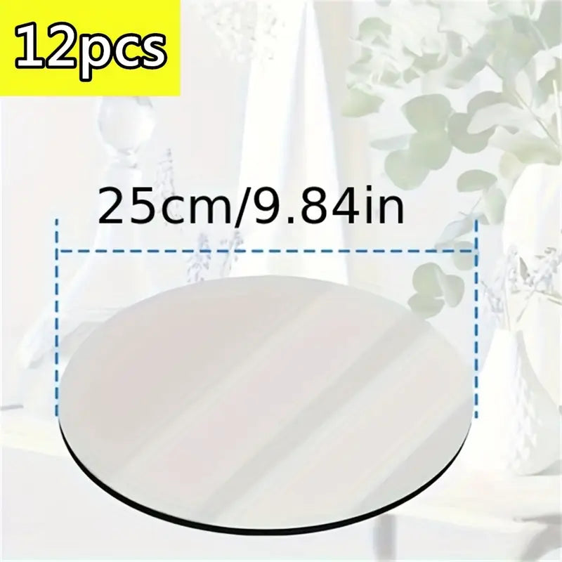 Circular Acrylic Mirror Trays | 12 PCS | 2mm Thick Shatterproof Self-Adhesive Wall Stickers, Detachable Horizontal Mirror Surface for Wedding Table, Birthday Party,  Versatile Tray Use, Modern Decorative Trays