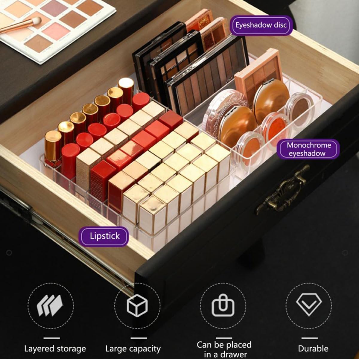 Acrylic Cosmetic Storage Display Boxes, Makeup Organizer 7-Compartment Storage For Eyeshadow, Contour Kits, Blush For Dresser & Vanity