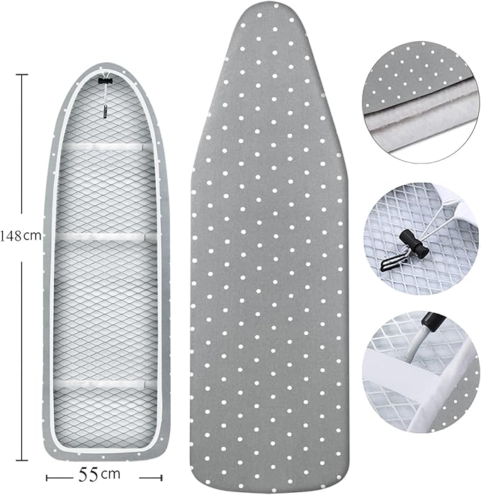 Extra Large Ironing Board Cover | 100% Cotton Top with Thick Padding | Scorch & Heat Resistant | Easy Fit Drawstring Design (Gray Dot, XXL)
