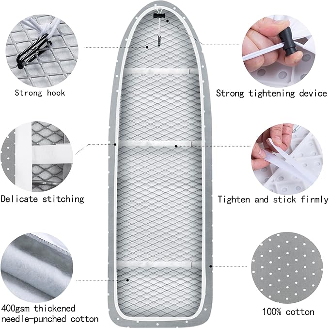 Extra Large Ironing Board Cover | 100% Cotton Top with Thick Padding | Scorch & Heat Resistant | Easy Fit Drawstring Design (Gray Dot, XXL)