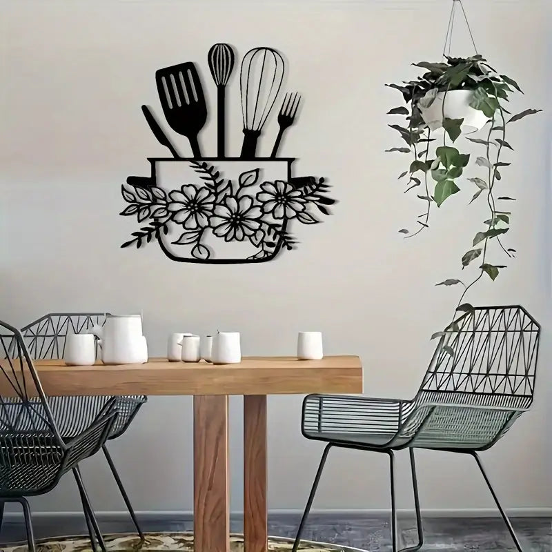 Black Floral & Kitchen Utensil Design - Home Wall Decor