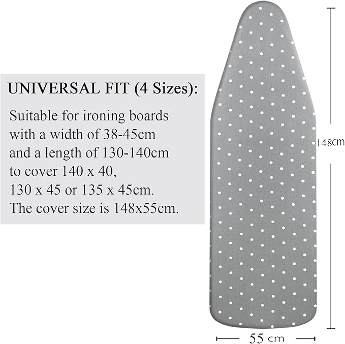 Extra Large Ironing Board Cover | 100% Cotton Top with Thick Padding | Scorch & Heat Resistant | Easy Fit Drawstring Design (Gray Dot, XXL)