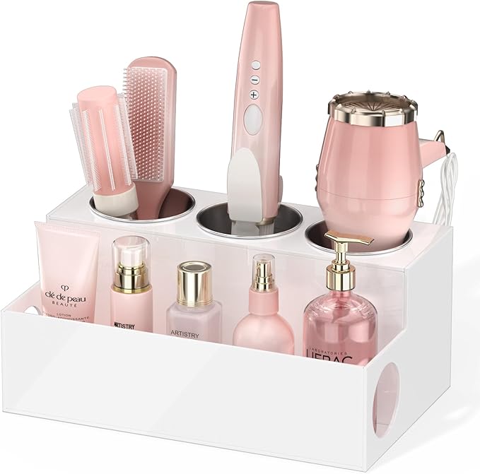 White Acrylic Hair Tool Organizer – Blow Dryer & Styling Holder for Bathroom Countertop & Vanity Storage