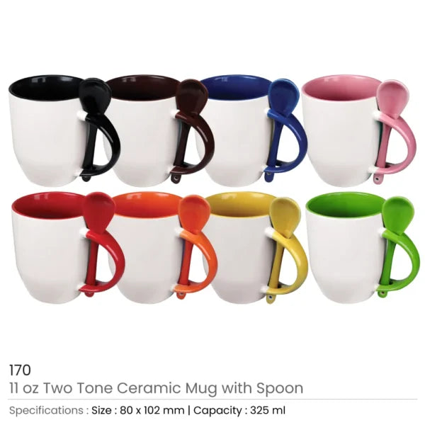 Two-Tone Ceramic Mug with Spoon – 11 oz Coffee & Tea Cup