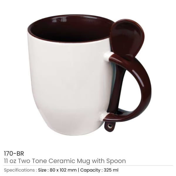 Two-Tone Ceramic Mug with Spoon – 11 oz Coffee & Tea Cup