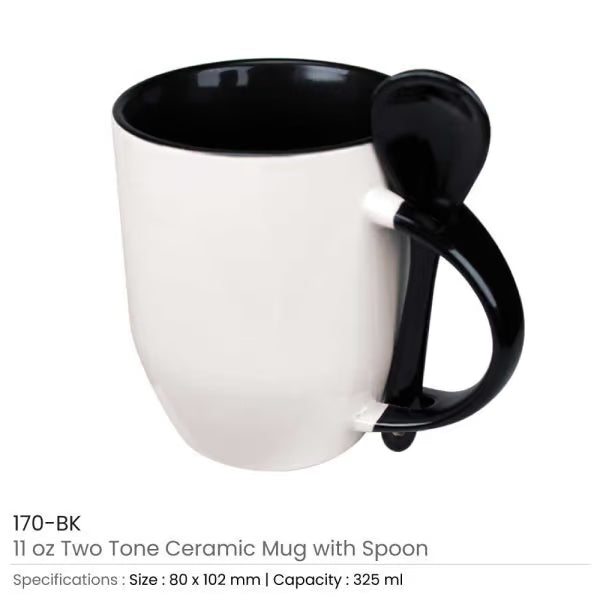 Two-Tone Ceramic Mug with Spoon – 11 oz Coffee & Tea Cup