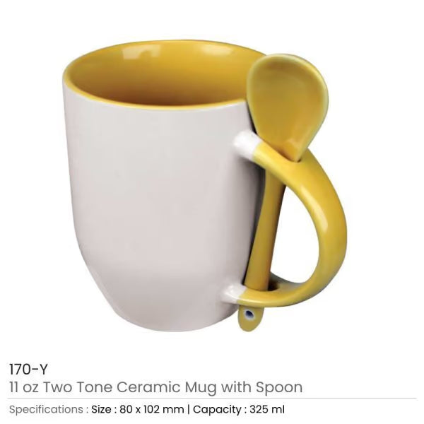 Two-Tone Ceramic Mug with Spoon – 11 oz Coffee & Tea Cup
