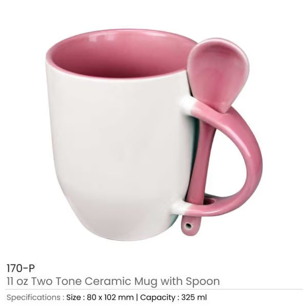 Two-Tone Ceramic Mug with Spoon – 11 oz Coffee & Tea Cup