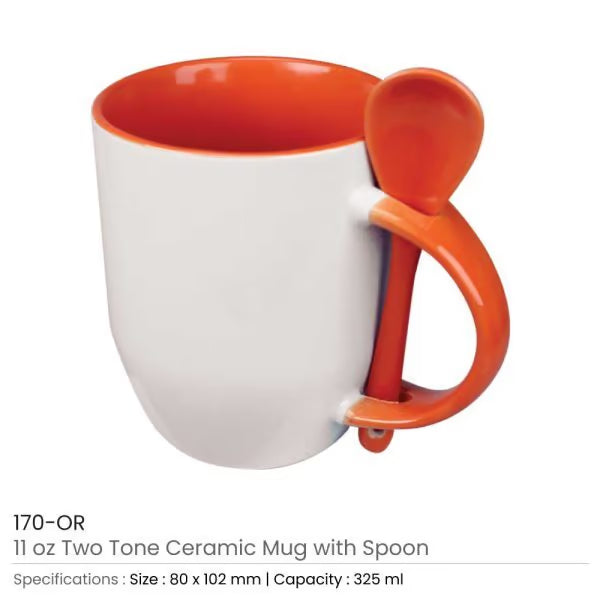 Two-Tone Ceramic Mug with Spoon – 11 oz Coffee & Tea Cup