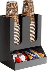 Black Paper Cup & Coffee Station Organizer – 4 Compartment Upright Dispenser for Home, Office & Restaurants