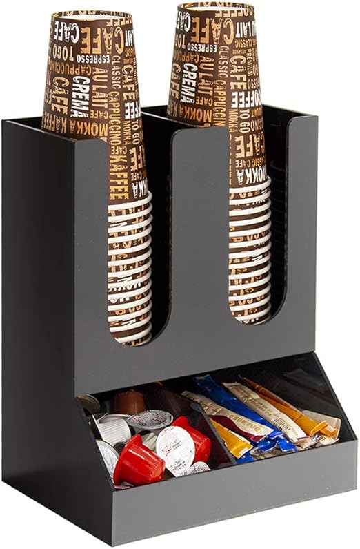Black Paper Cup & Coffee Station Organizer – 4 Compartment Upright Dispenser for Home, Office & Restaurants