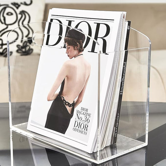 Magazine Rack - Clear Acrylic Magazine Holder, Acrylic Newspaper Stand Organizer with handles, Modern Lucite Magazine and Book Basket Box for Bathroom, Bedroom, Living Room and Office