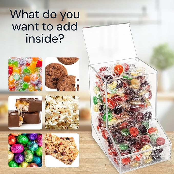 Clear Candy Dispenser Bin with 2 Lids – Bulk Candy Storage for Gum, Lollipops & Chocolate, Countertop or Wall Mount