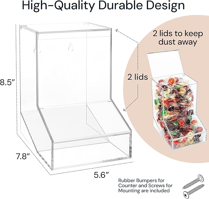 Clear Candy Dispenser Bin with 2 Lids – Bulk Candy Storage for Gum, Lollipops & Chocolate, Countertop or Wall Mount