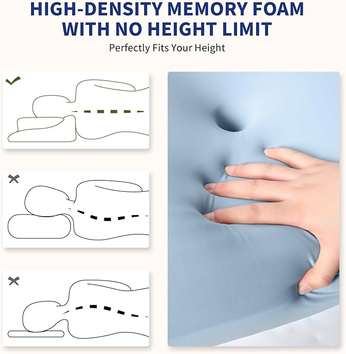 Cervical Memory Foam Pillow – Contoured Neck Support with Adjustable Height | Cooling Tencel Cover for Side, Back & Stomach Sleepers