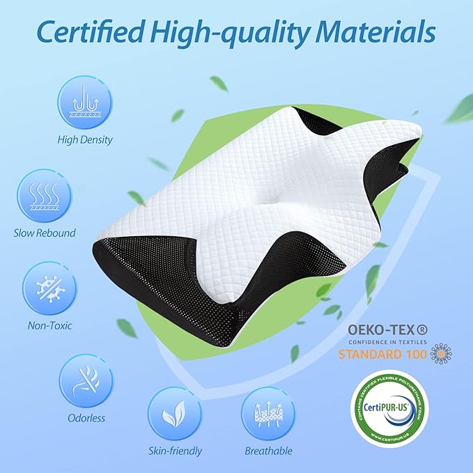 Cervical Memory Foam Pillow – Contoured Neck Support with Adjustable Height | Cooling Tencel Cover for Side