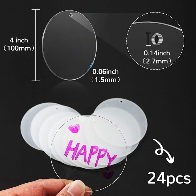 24 Pieces 4 Inch Acrylic Keychain Blanks 0.06 Inch Thick Acrylic Circles Clear Disc Ornaments Blanks with Hole Acrylic Transparent Circle Discs for DIY Keychain and Craft Projects Supplies (4 Inch)