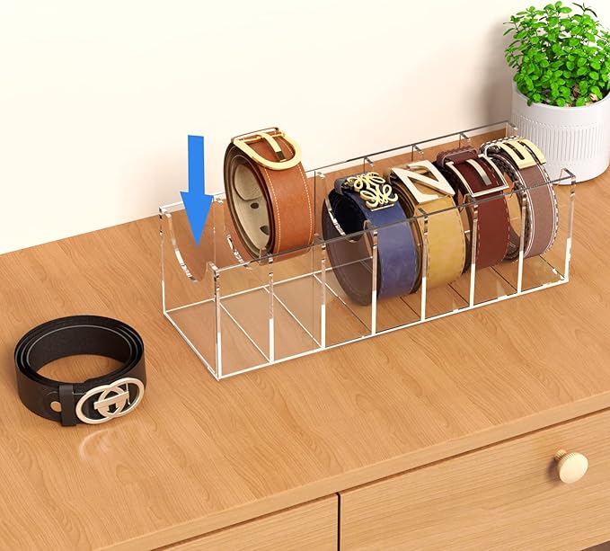 Belt Organizer, Acrylic 7 Compartments Belt Container Storage Holder, Clear Display Case for Closet Tie and Bow Tie (13.2D x 39.6W x 12.7H centimeters)
