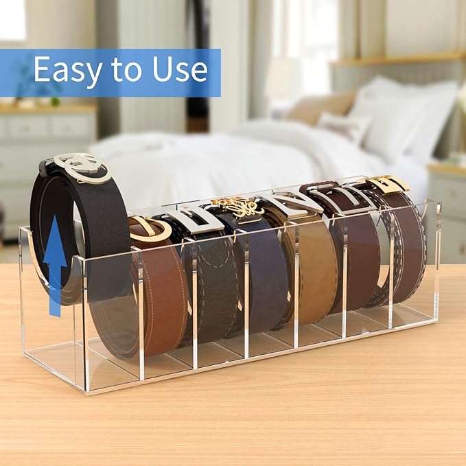 Belt Organizer, Acrylic 7 Compartments Belt Container Storage Holder, Clear Display Case for Closet Tie and Bow Tie (13.2D x 39.6W x 12.7H centimeters)