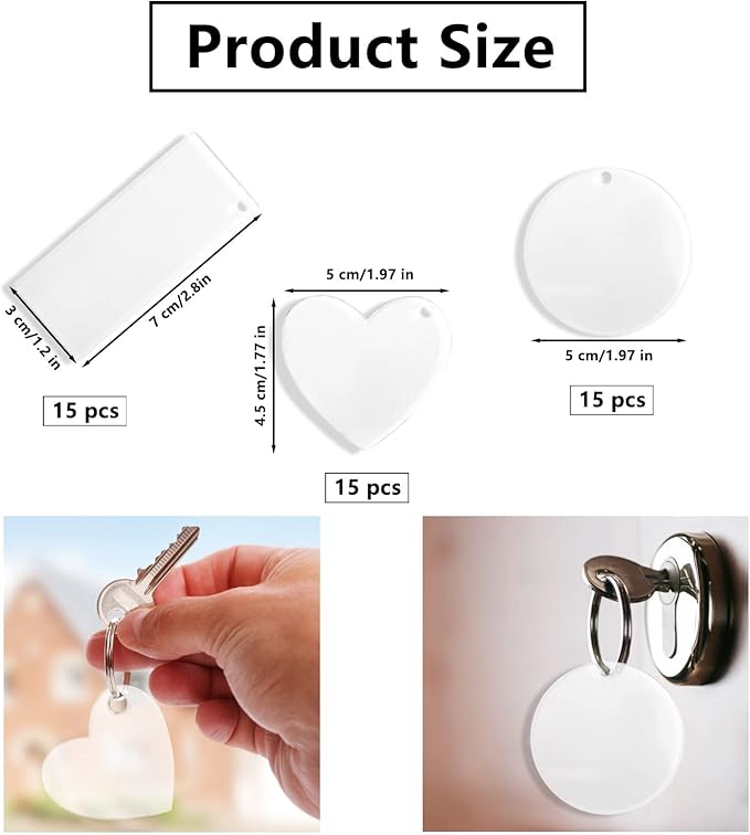 45 Pcs Acrylic Keychain Blanks – Clear Key Ring Set with Round, Heart & Rectangle Shapes for DIY Crafts & Personalized Projects