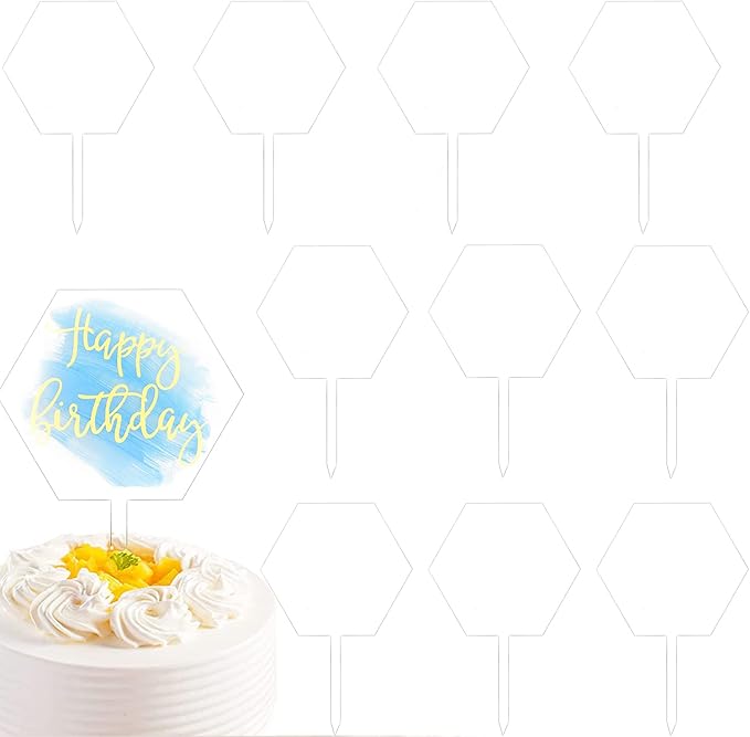 10 Pcs Clear Acrylic Cake Toppers – Blank Hexagon Shape DIY Cake Decoration for Weddings, Birthdays & Parties