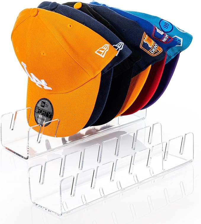 Hat Stand for Baseball Caps Display and Organizer - 2 Pack, No Install Acrylic Hat Holder for 14 Baseball Caps for Bedroom, Closet, Dresser(Clear)