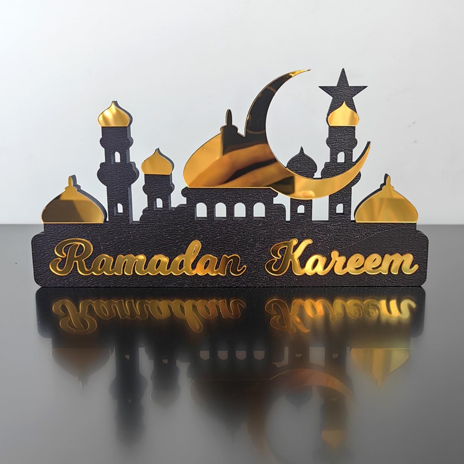 Ramadan Kareem Wooden Acrylic Desk Decor – Ramadan Decoration with Crescent Moon, Star Castle, Perfect for Eid Home Decor, Elegant Gift for Family Friends