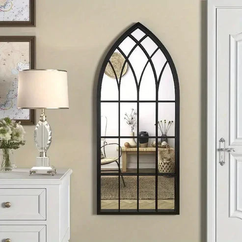 Large Gothic Black Arched Wall Mirror with Floral Wooden Signs | Emaazz