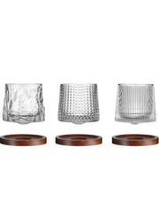 Set of 3Pcs Rotatable Tumbler Crystal Glass Cups 160ML Drinking Glasses with Creative Walnut Coasters