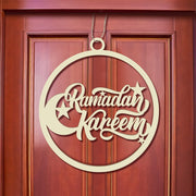 Eid Mubarak Decoration Wooden Ramadan Kareem Door Sign Round Eid Al Fitr Ramadan Hollow Wood Door Hanging Sign Islam Mubarak Wood Wall Pendant for Muslim Home Room Happy Ramadan Mubarak Party Supplies