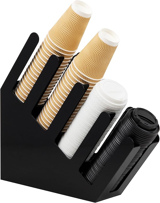 Fancy Black Acrylic Cup and Lid Holder – 4 Compartment Coffee Station Organizer