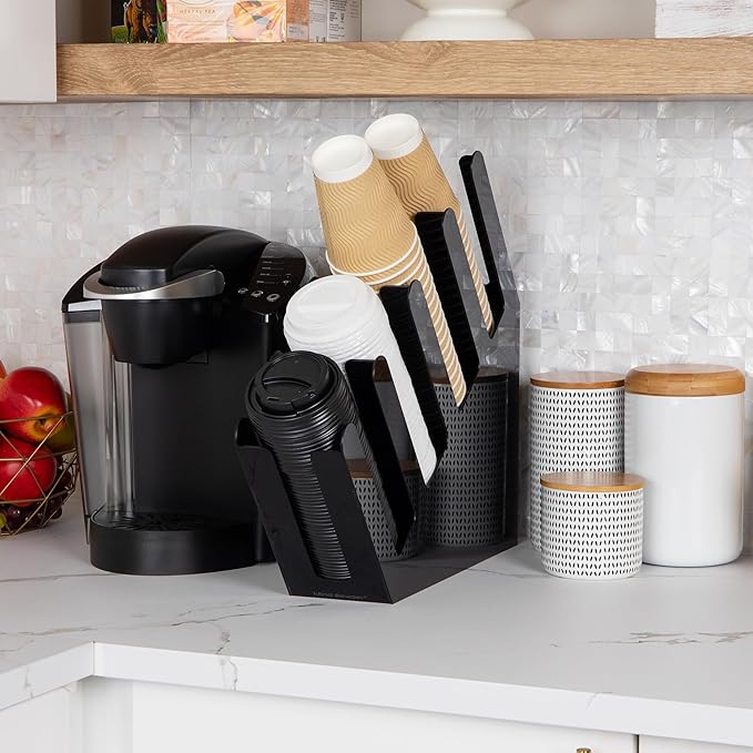 Fancy Black Acrylic Cup and Lid Holder – 4 Compartment Coffee Station Organizer