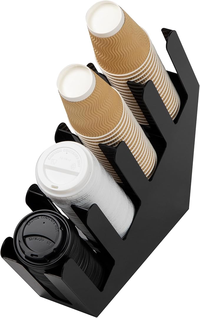 Fancy Black Acrylic Cup and Lid Holder – 4 Compartment Coffee Station Organizer