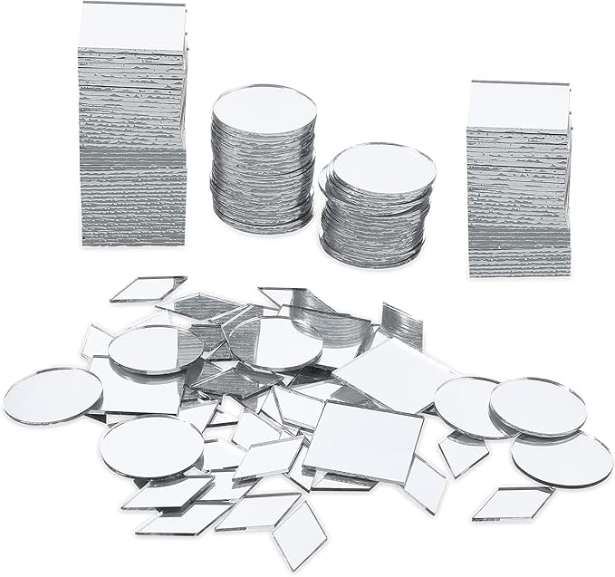 120 Pcs Small Acrylic Craft Mirrors – Square, Diamond & Round Mosaic Mirror Tiles for DIY Crafts, Disco Balls, Lamps & Decorations