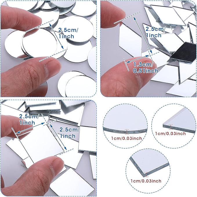 120 Pcs Small Acrylic Craft Mirrors – Square, Diamond & Round Mosaic Mirror Tiles for DIY Crafts, Disco Balls, Lamps & Decorations