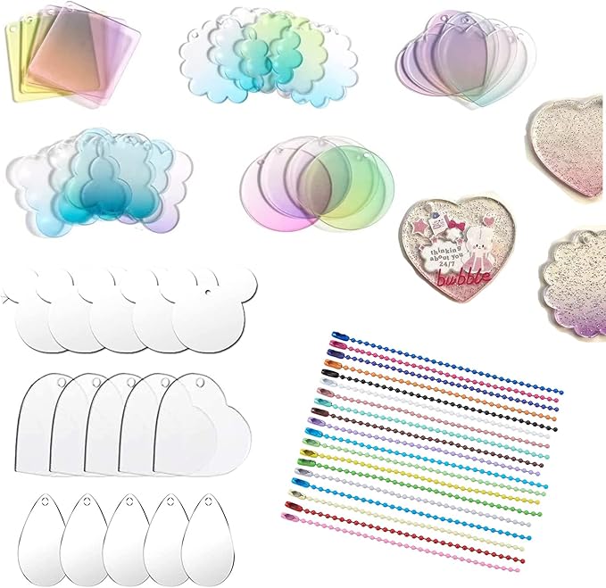 60 Pcs Acrylic Blanks with Keychain Accessories – 10 Shapes Clear Acrylic Ornaments, Charms & Key Rings for DIY Vinyl, Resin, Crafts & Engraving