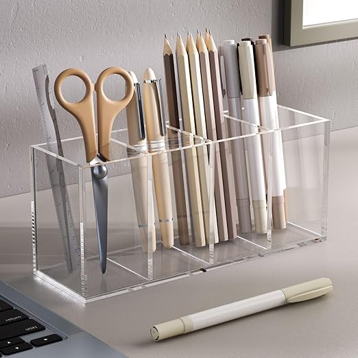 Acrylic Pen Holder 4 Compartments, Clear Pencil Organizer Cup for Countertop Desk Accessory Storage