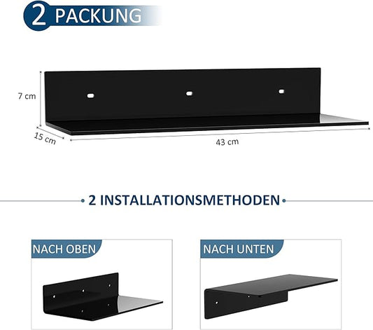 Set of 2 Black Acrylic Wall Shelves – 43cm L-Shape Floating Shelves, Perspex Corner Display Racks for Home Décor, Towels, Candles & Collectibles