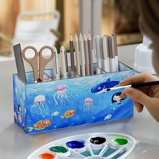 Acrylic Pen Holder 4 Compartments, Clear Pencil Organizer Cup for Countertop Desk Accessory Storage