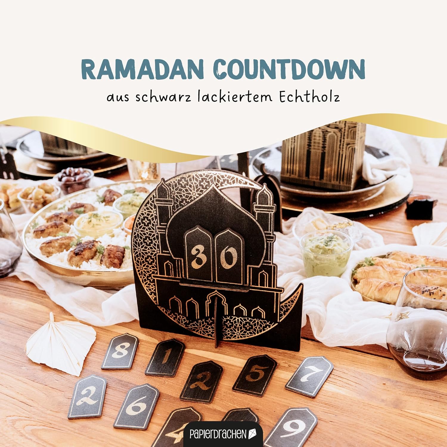 Papierdrachen Ramadan Countdown Wood – for Standing – Black Varnished – Decoration – Sugar Festival Set 02
