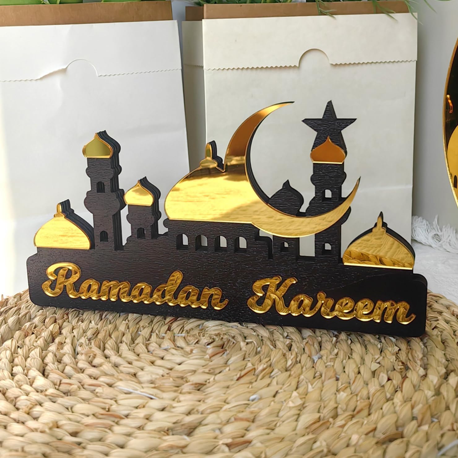 Ramadan Kareem Wooden Acrylic Desk Decor – Ramadan Decoration with Crescent Moon, Star Castle, Perfect for Eid Home Decor, Elegant Gift for Family Friends