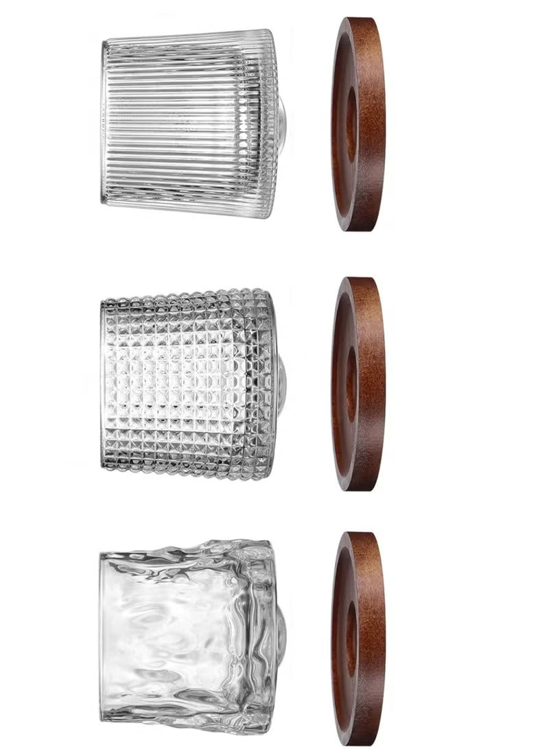 Set of 3Pcs Rotatable Tumbler Crystal Glass Cups 160ML Drinking Glasses with Creative Walnut Coasters