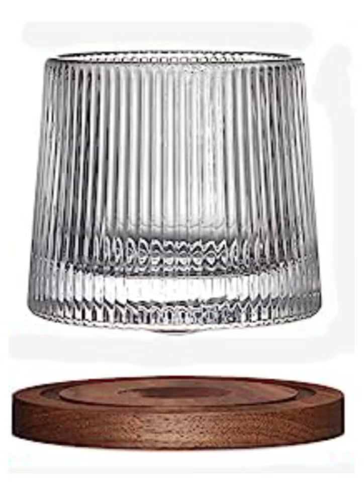 Set of 3Pcs Rotatable Tumbler Crystal Glass Cups 160ML Drinking Glasses with Creative Walnut Coasters