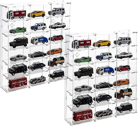 2 Pack Acrylic Display Case, 18 Compartments Clear Showcase Organizer, 6 Tiers Matchbox Display Cabinet for Mini Toys, Hot Wheels and LOL Dolls