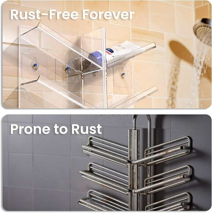 Clear Acrylic Shower Caddy – Wall-Mounted Bathroom Organizer Shelf with Suction Cups | No-Drill, Rustproof Shampoo & Bath Storage