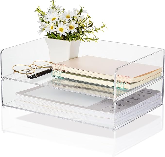 Acrylic Desk Organizers and Accessories Tier Paper File Organizer Tray Stackable Document Clear Desk Accessories for Office Workspace Organization