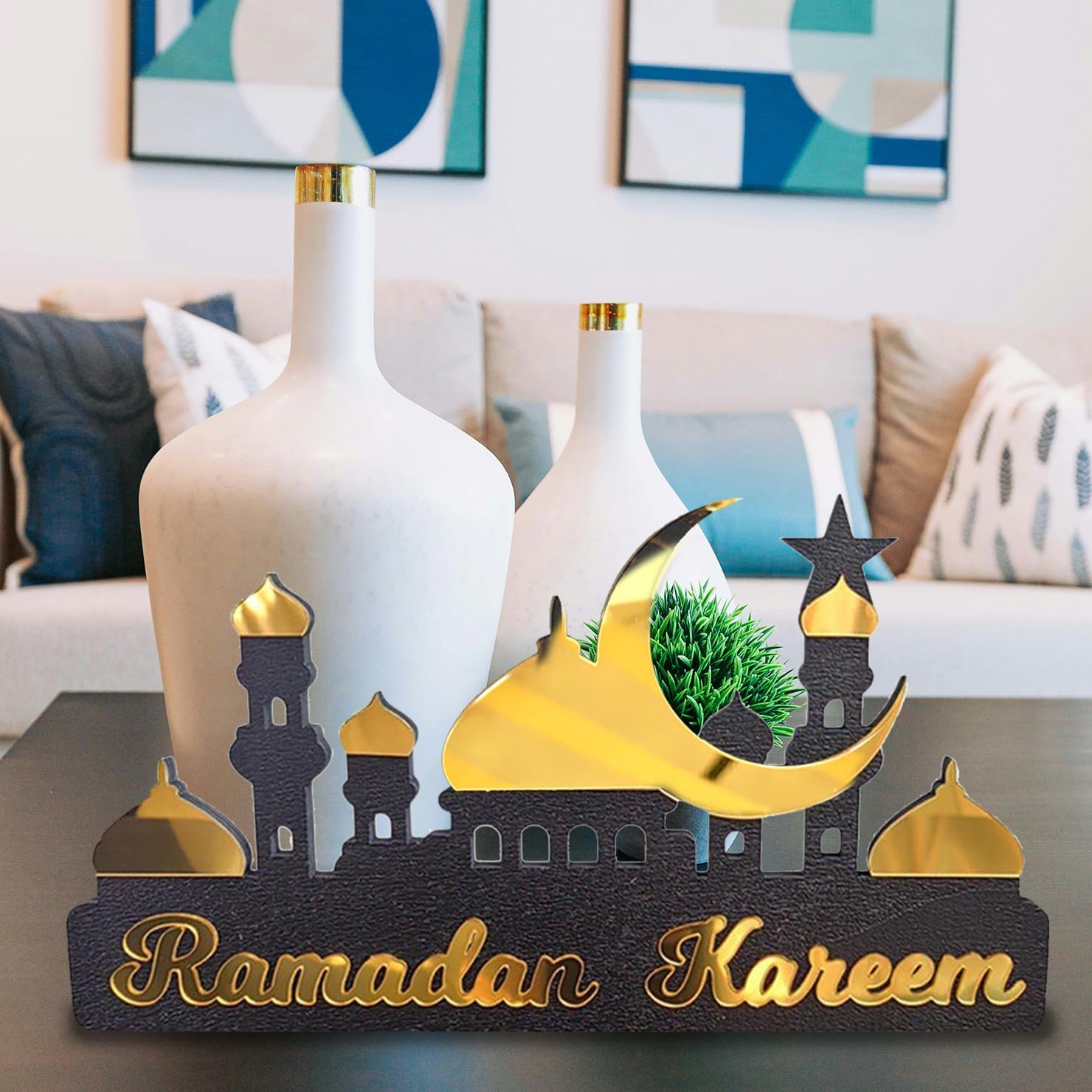 Ramadan Kareem Wooden Acrylic Desk Decor – Ramadan Decoration with Crescent Moon, Star Castle, Perfect for Eid Home Decor, Elegant Gift for Family Friends