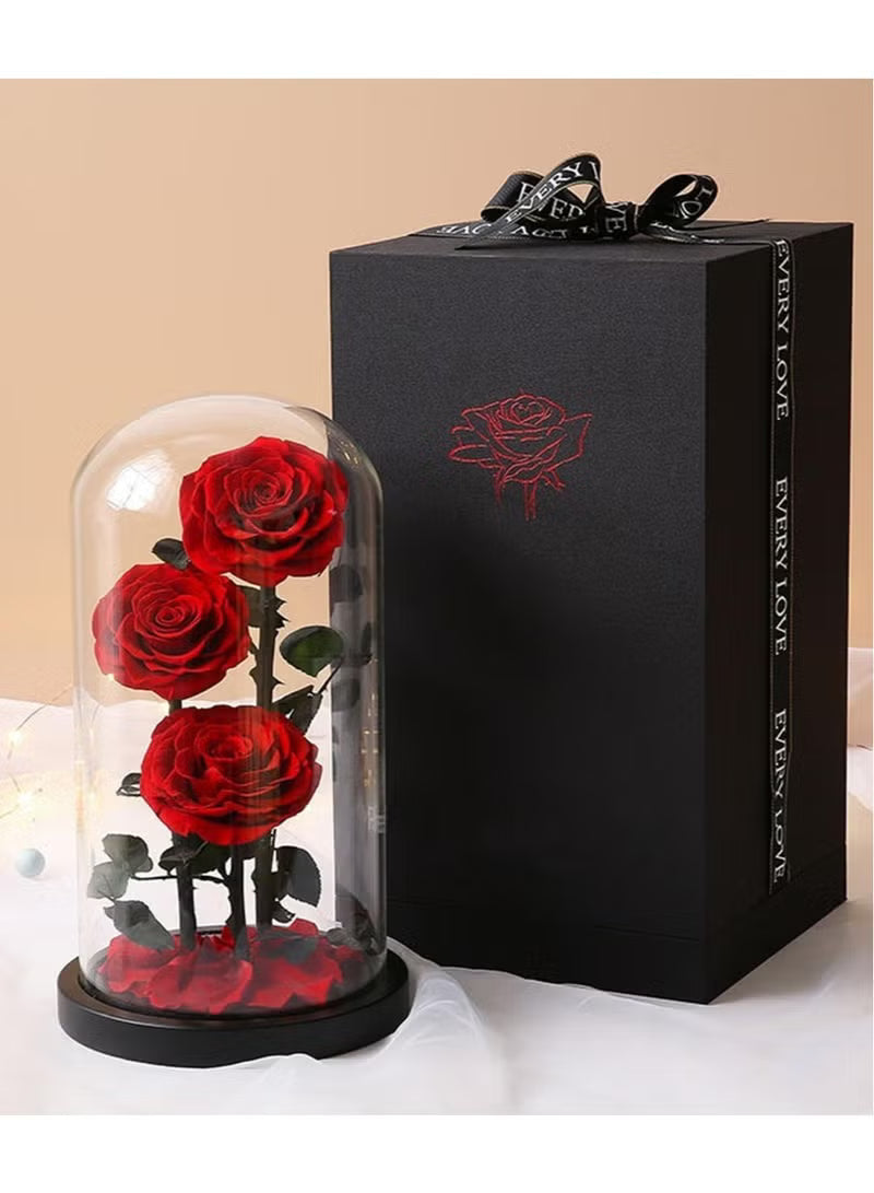 3 Red Roses in Glass Dome Real Eternal Rose Preserved Flower with Luxury Gift Box